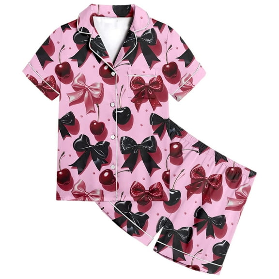 CAIVO Child Outfit Sets Girls Home Button Down Lapel Short Sleeve Summer Shirt Tops Shorts Cherry Bow Print Lapel Comfortable For Toddler Kids Soft Clothes Sets