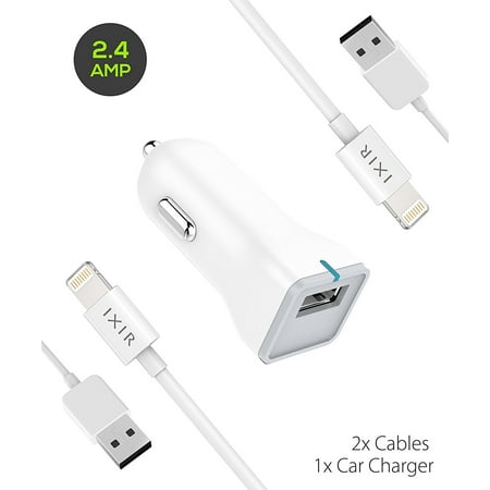 Ipod Usb Cable For Car Ixir iPod Charger Apple Lightning Cable Kit by Ixir - {1 Car Charger 2 Cable}, Apple Certified USB Cables (White) ()
