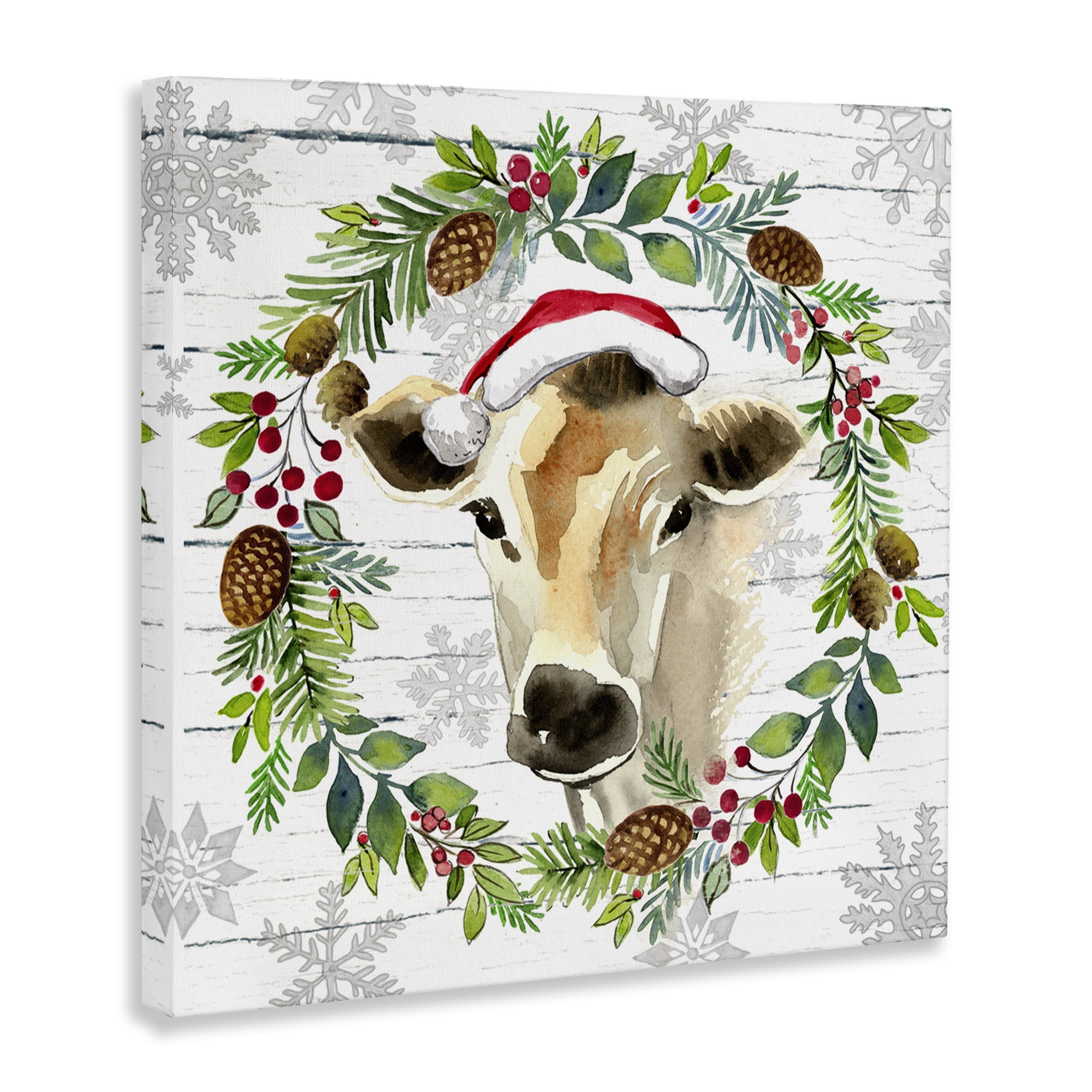 Stupell Industries Winter Farmhouse Cow Wreath Holiday Painting Wrapped Canvas Art Print Wall Art, 17 x 17
