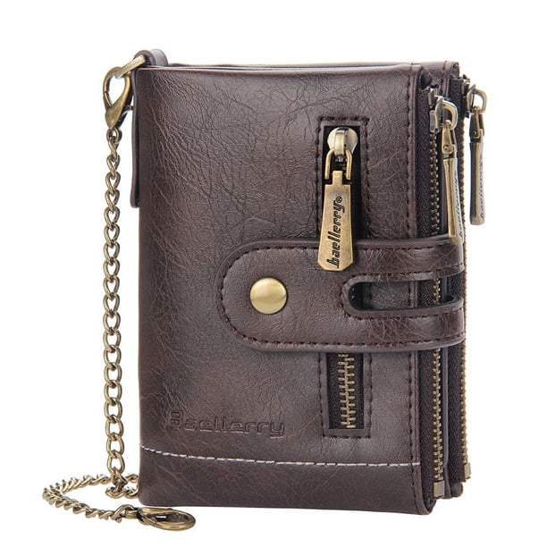 Cartera corta para hombre, monedero de negocios con doble cremallera, billetera multitarjetas, billetera triple