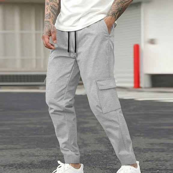 Handshe Men's Solid Waffle Work Pants, Elastic Drawstring Waist Utility Stretch Cargo Pants for Outdoor Activities and Casual Wear
