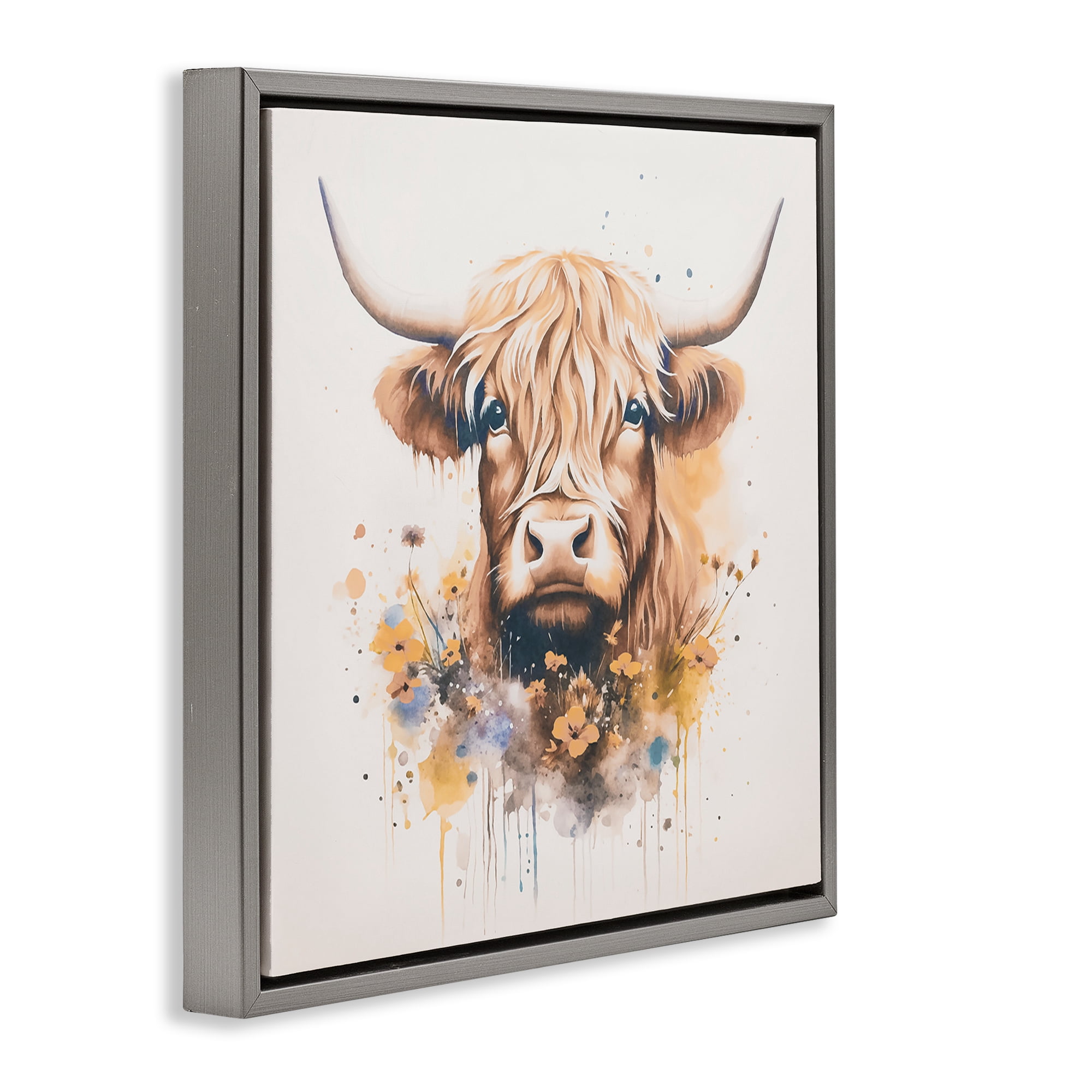 Stupell Industries Fancy Florals Highland Cow Animals Painting Gray Floater Framed Canvas Art Print Wall Art, 25 x 25