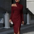 thumbnail image 6 of Dvprdro Womens Party Evening Midi Dress Asymmetric High Neck Long Sleeve Ruched Side Slit Fitted Solid, 6 of 7