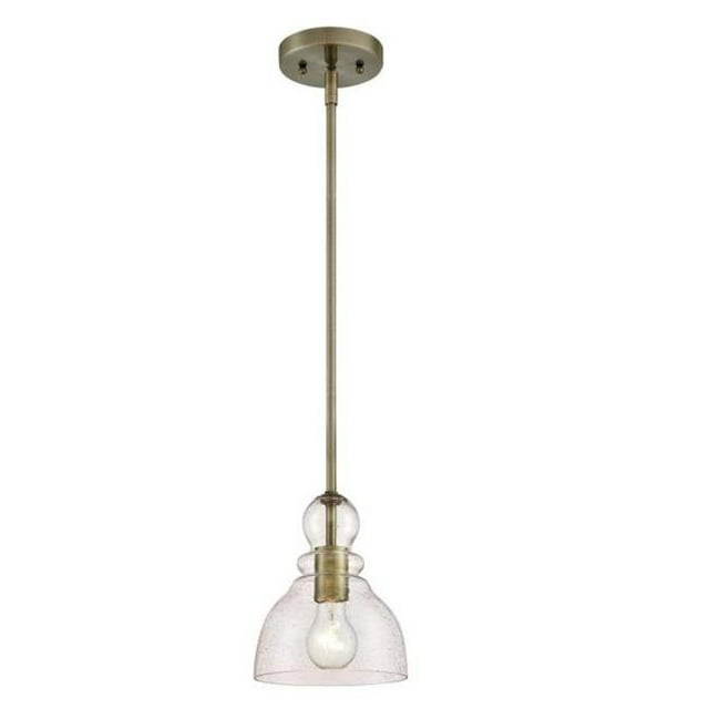 1 Light Mini Pendant Antique Brass Finish with Clear Seeded Glass