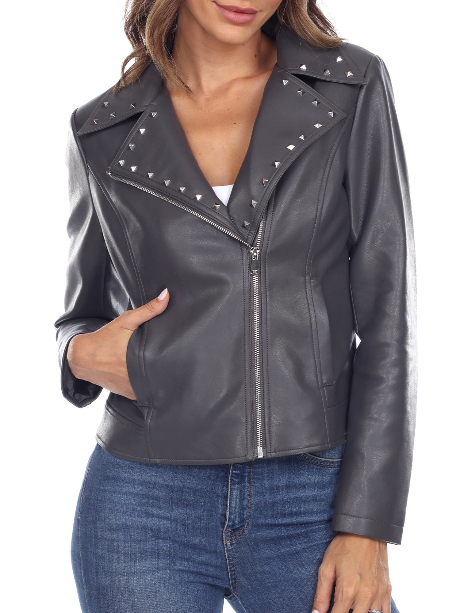 White Mark Women's PU Faux Leather Studded Jacket