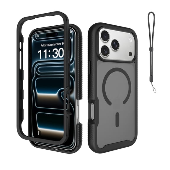Mynvo Case for iPhone 17 Pro Max with Wrist Strap, Support Wireless Charging Slim Fit Shock-Absorbent Shockproof Magneitc Back Cover, Black