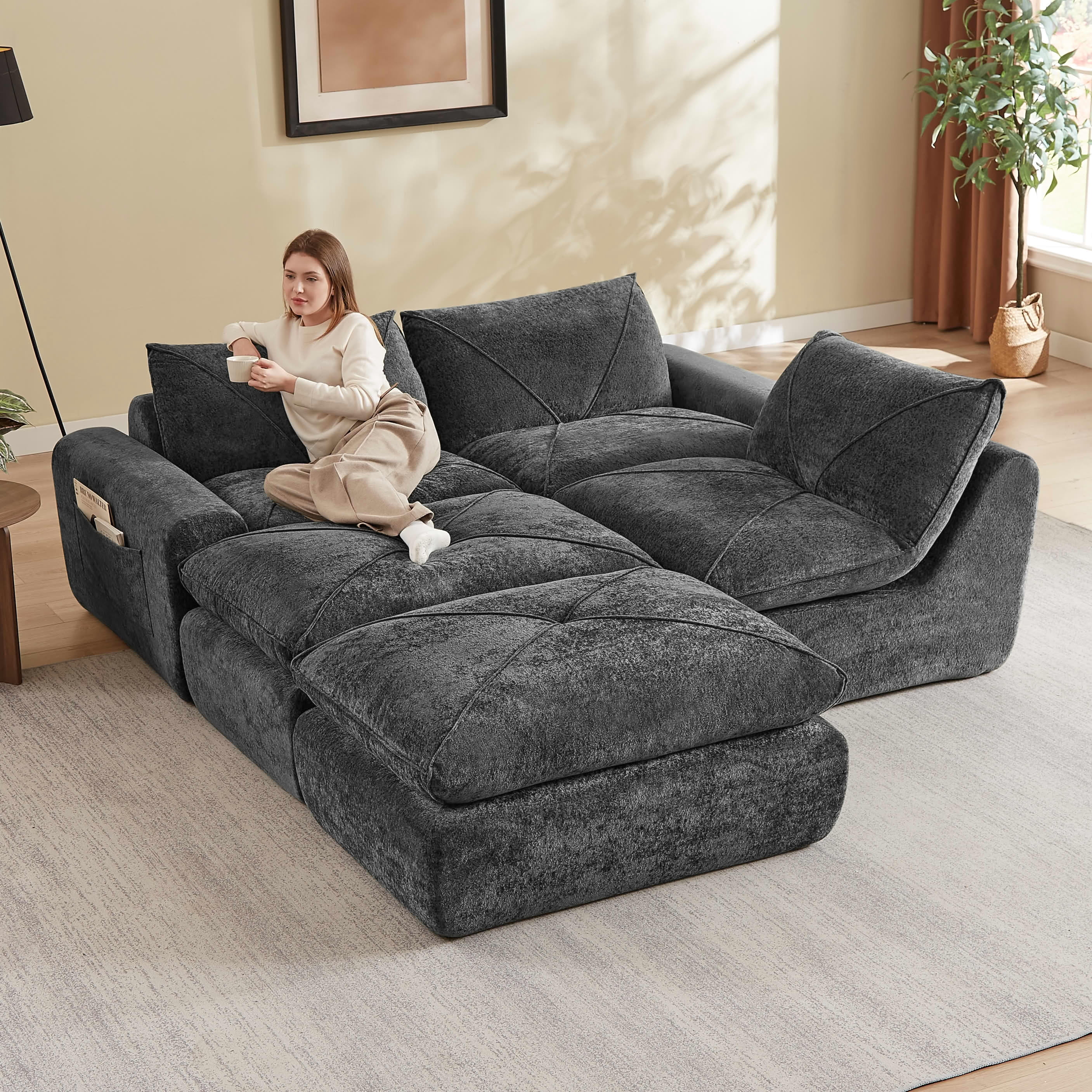MAYEERTY 119" Dark Gray Chenille U-Shaped Modular Sectional Sofa, Spring Support for Living Room Apartment