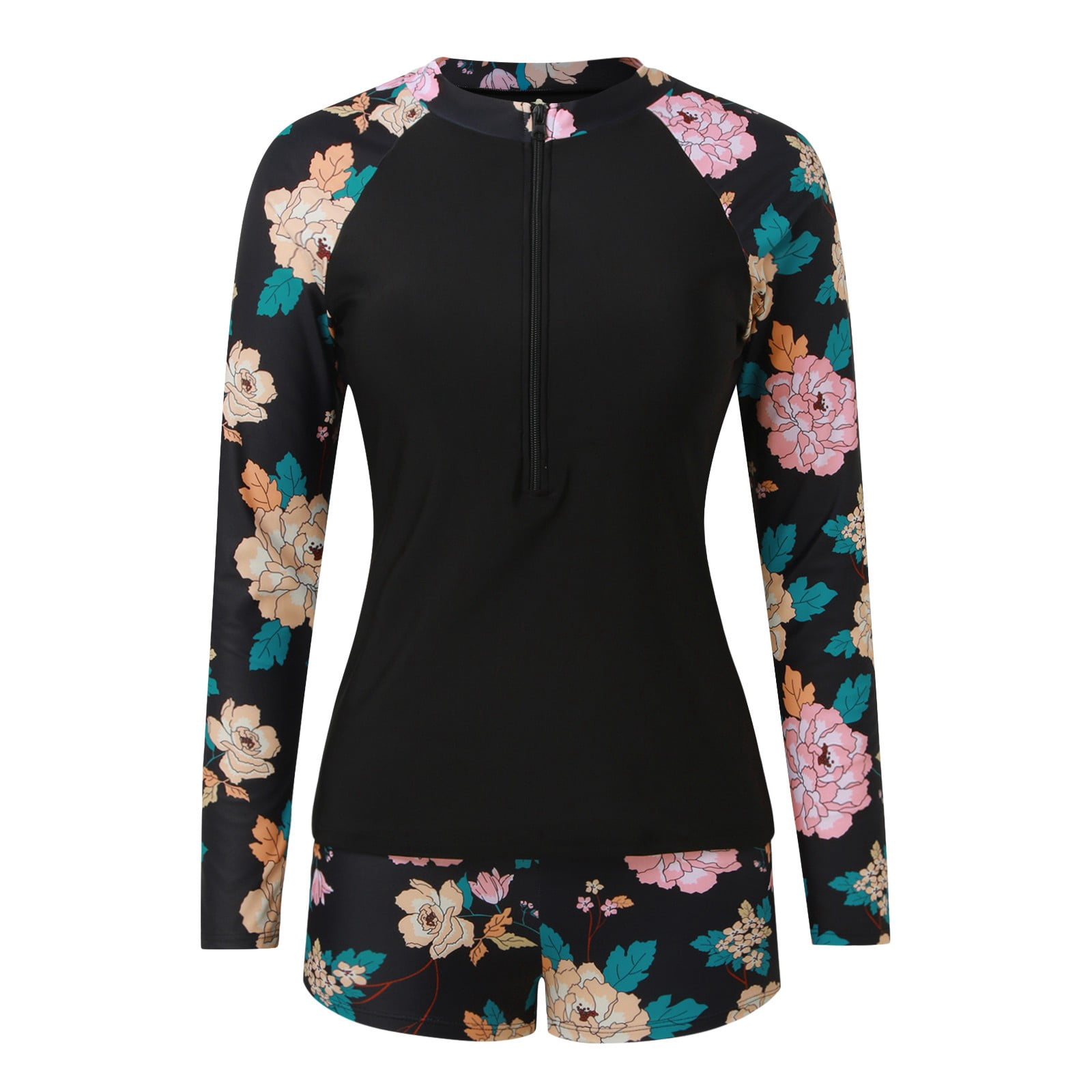 CHENge Women's Print Half-Zip Rash Guard, Long Sleeve Two-Piece