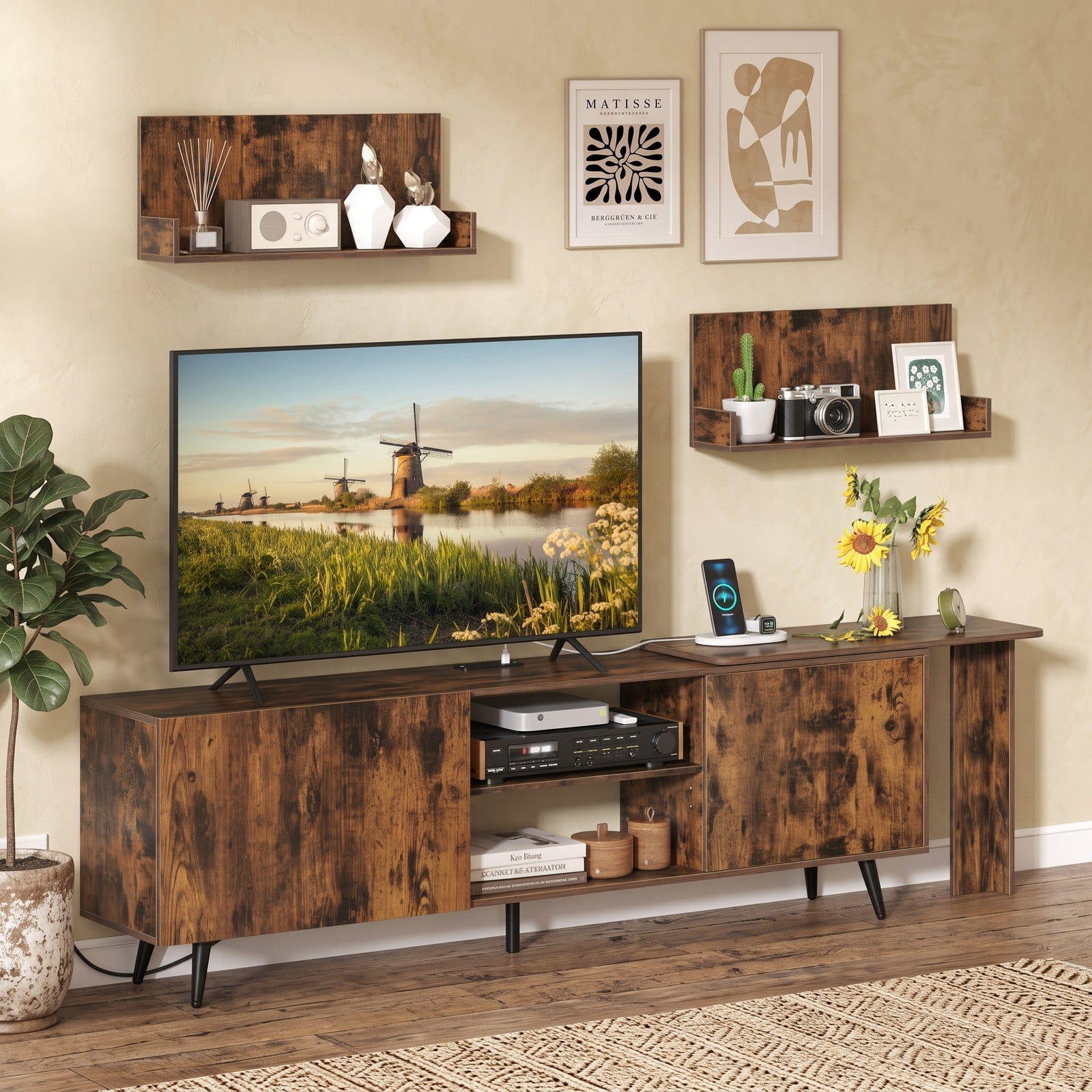Furnibear TV Stand for TVs up to 85 Inch with Charging Station, Wood Entertainment Center Media Console with 2 Cabinets and 2 Wall Shelves for Living Room, Rustic Brown