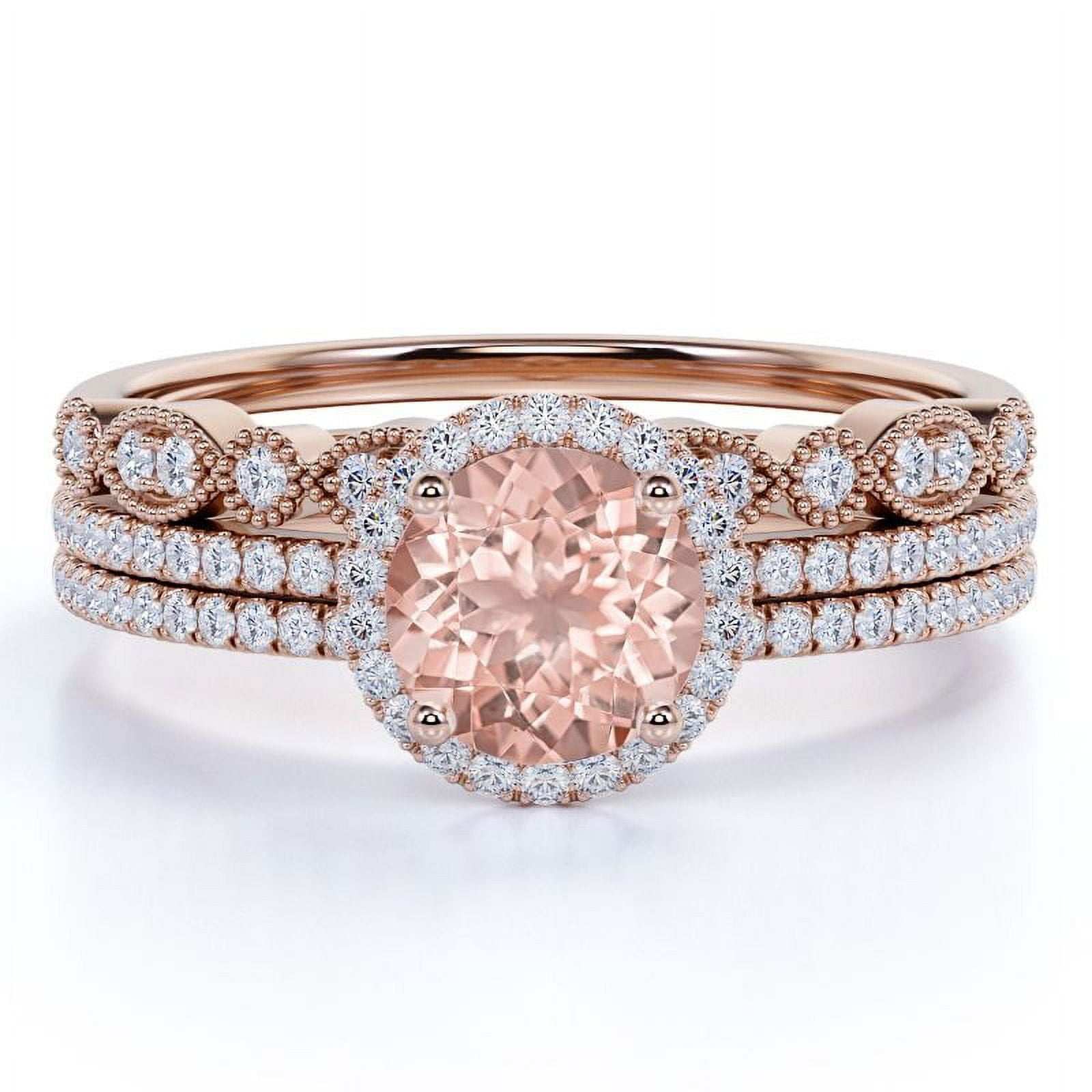 JeenMata 1.75 Carat Round Cut Created Morganite Trio Set - Bridal Set - Wedding Trio Set - Halo Ring - Bestselling Ring - 18k Rose Gold Over Silver