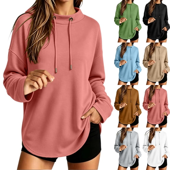 Women's Oversized Drawstring Hoodies Mock Neck Long Sleeve Curved Hem Pullover Soft Lightweight Tunic Sweatshirt Fall Fashion Tops White