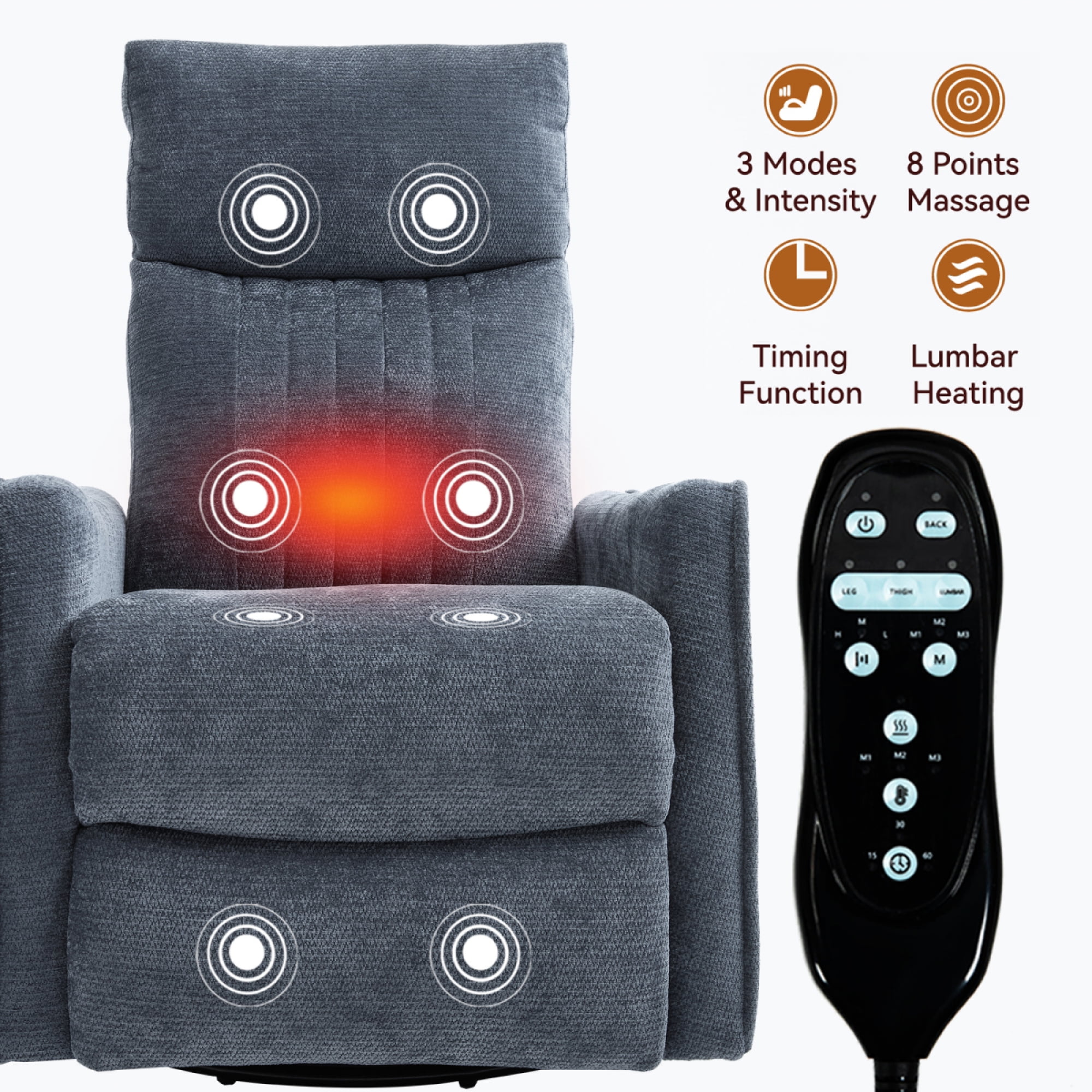 360 Swivel Rocking Recliner Chair for Adults, Nursery Rocking Chair with Heat and Massage, Glider Reclining Chair for Small Space, Living Room, Bedroom (Chenille, Blue)