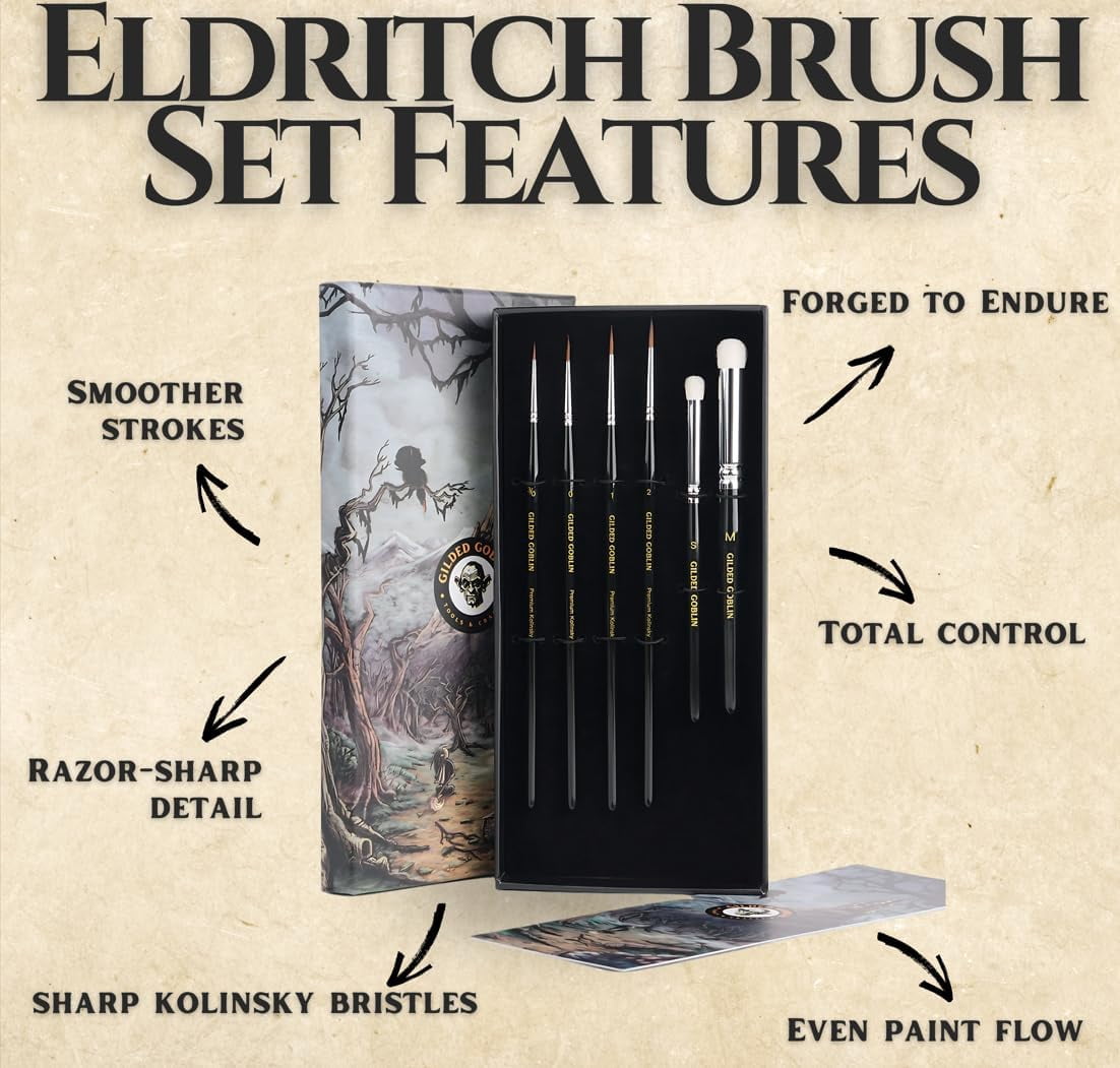 Kolinsky Sable Miniature Paint Brush Set – 6 Detail & Dry Brushes for Miniature Painting, Warhammer, D&D, Model Painting, Acrylics – Professional Fine Tip Brushes by