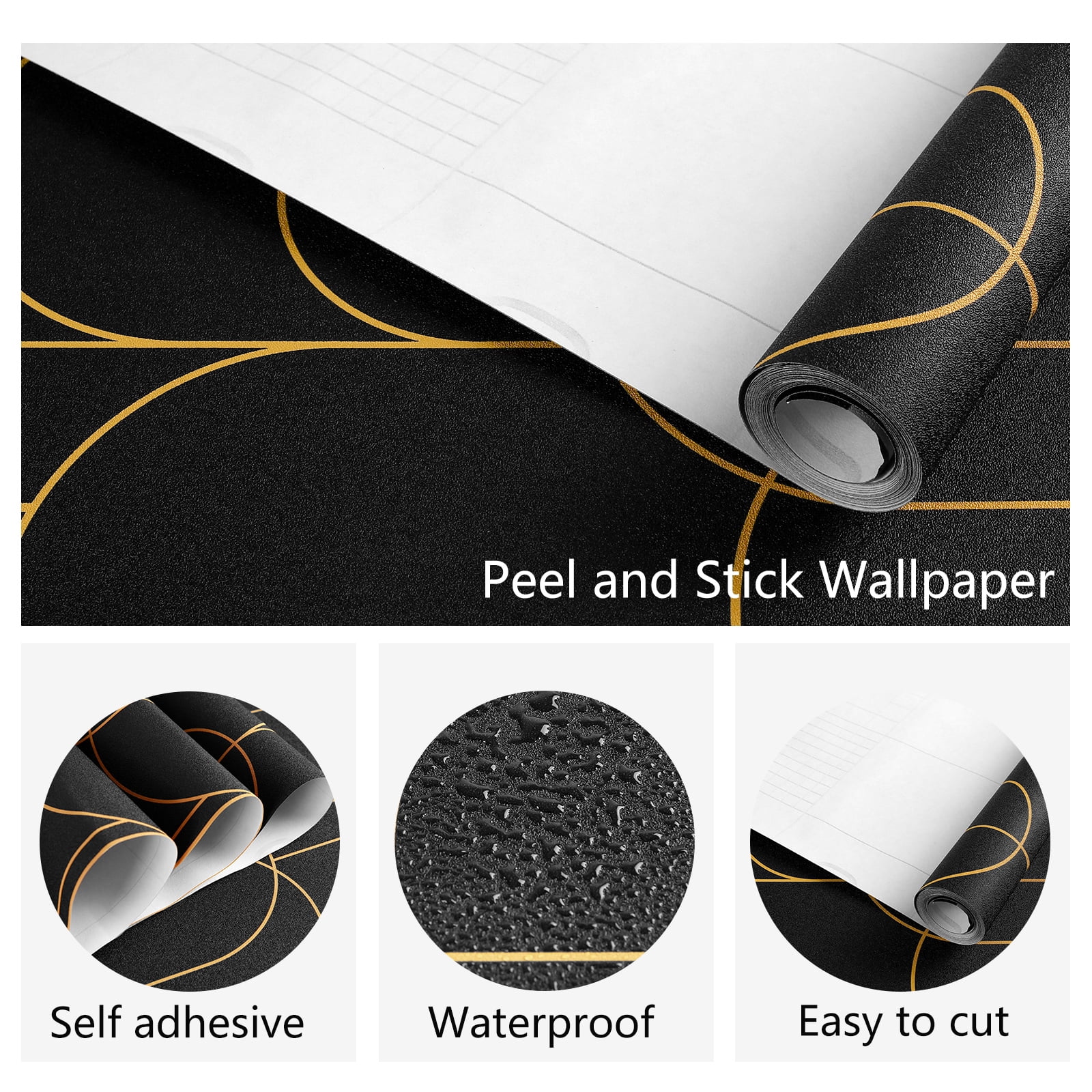 (4 pack) Abyssaly Black Peel and Stick Wallpaper Strip Line Contact Paper 17.7" x 78.7" Black/Gold Geometric Self-Adhesive Removable Vinyl Wallpaper for Bedroom