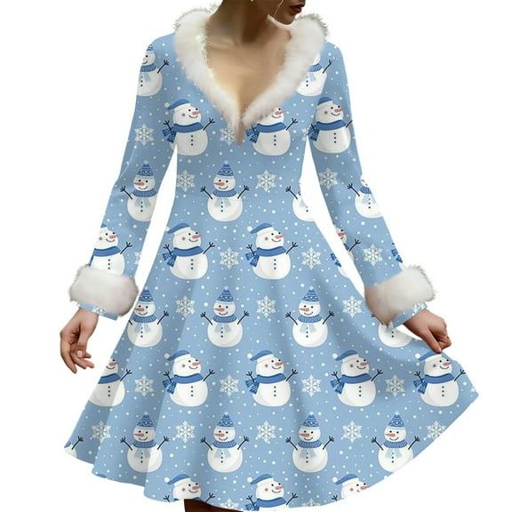 Women's Casual V-neck Christmas Print Plush Long-Sleeve Casual Dress for Holiday and Everyday Wear, Soft Women's Winter Dress with Festive Design,Sky Blue,M