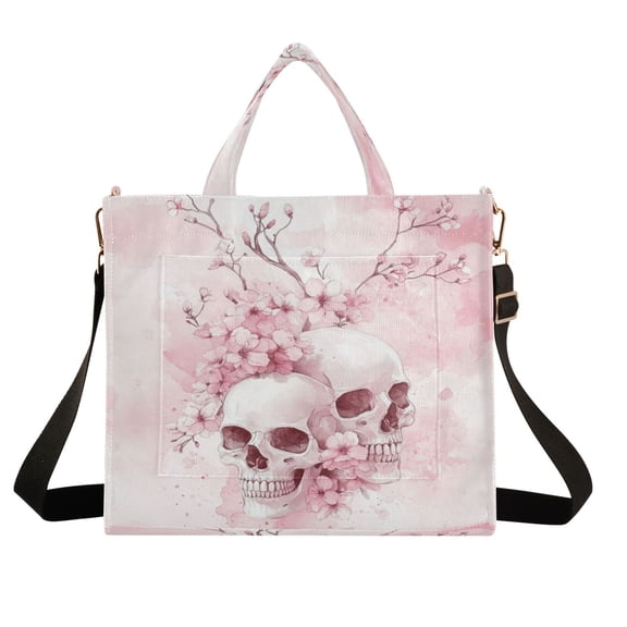 Wobogo Pink Skulls Corduroy Tote Bag for Women Travel Crossbody Bag Purse Women Shoulder Bags Work Handbags Daily Commuter Bag 10.2Ă—9inch