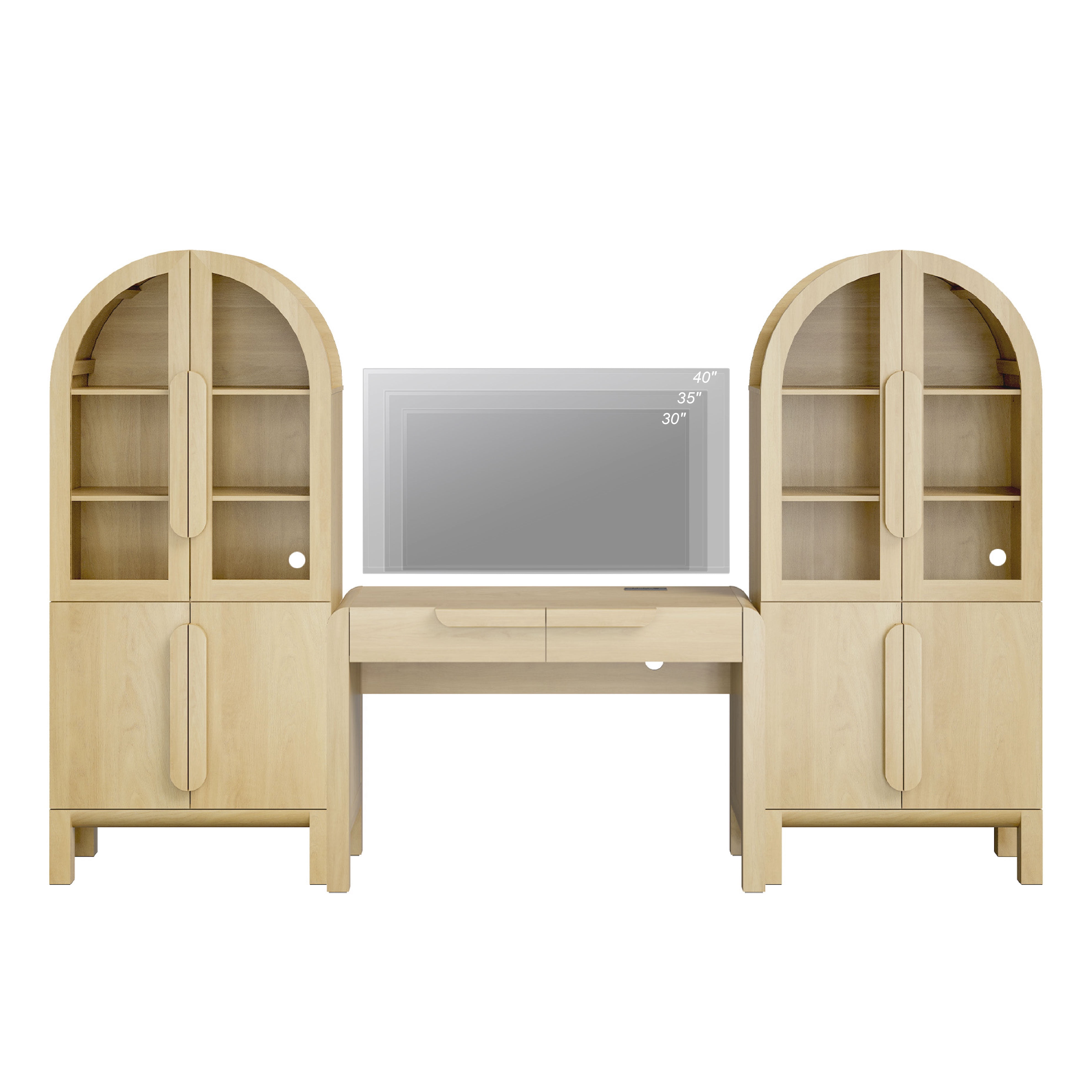 Home Office Set, 47" Modern Executive Desk with Charging Station and Drawers & 2 Piece 71"H Tall 5-Tier Arched Bookcases with Glass Door for Living Room, Bedroom, Home Office