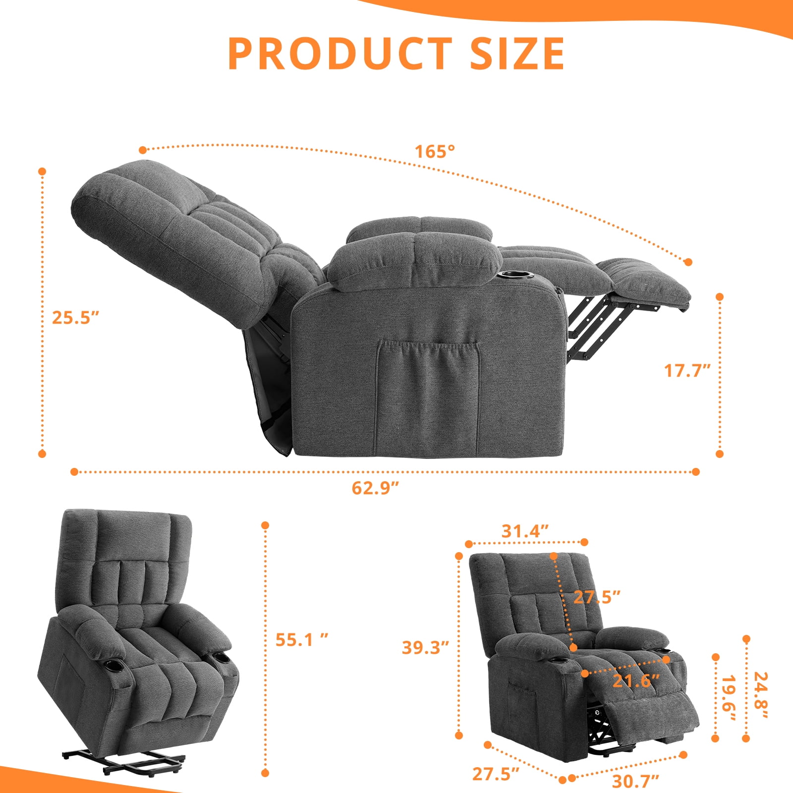 Recline Chair, 21.6"W Oversize Accent Armchair with Storage Bag, Modern Chair for Living Room, Bedroom, Gray