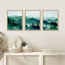 PixonSign Framed Canvas Print Wall Art Set - Watercolor Green Teal Mountain Forest Art - Set of 3 Nature Wilderness Landscape Artwork Modern Wall Décor - 12"x16"x3 Panels Natural