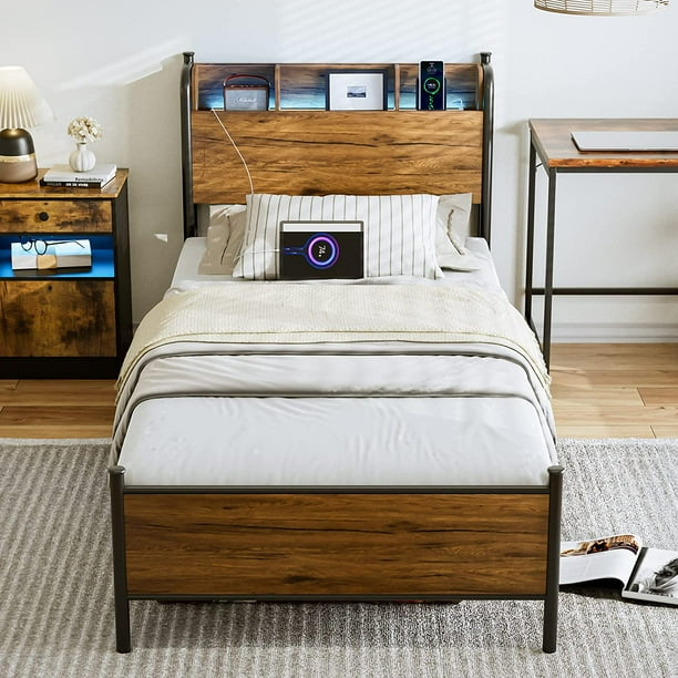 IKIFLY LED Bed Frame Twin XL with Storage Shelf Headboard & 2 USB Ports Heavy Duty Metal and