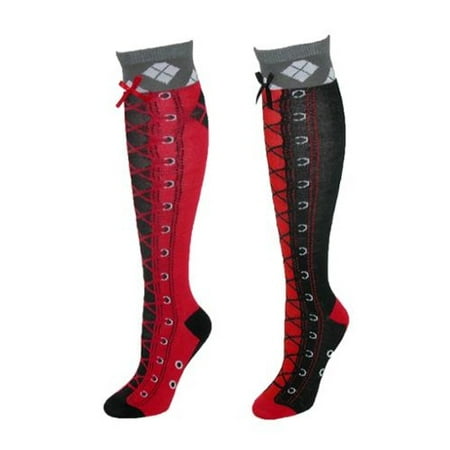 Womens Harley Quinn Faux Lace Up Diamond Knee High Socks,