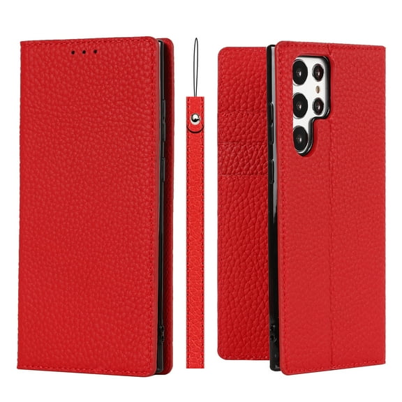 SaniMore Wallet Case for Samsung Galaxy S22 Ultra 6.8" 2022, Wrist Strap Flip Kickstand Card Slots Genuine PU Leather Shockproof TPU Shell Anti-fall Full-body Protective Cover For S22 Ultra, Red