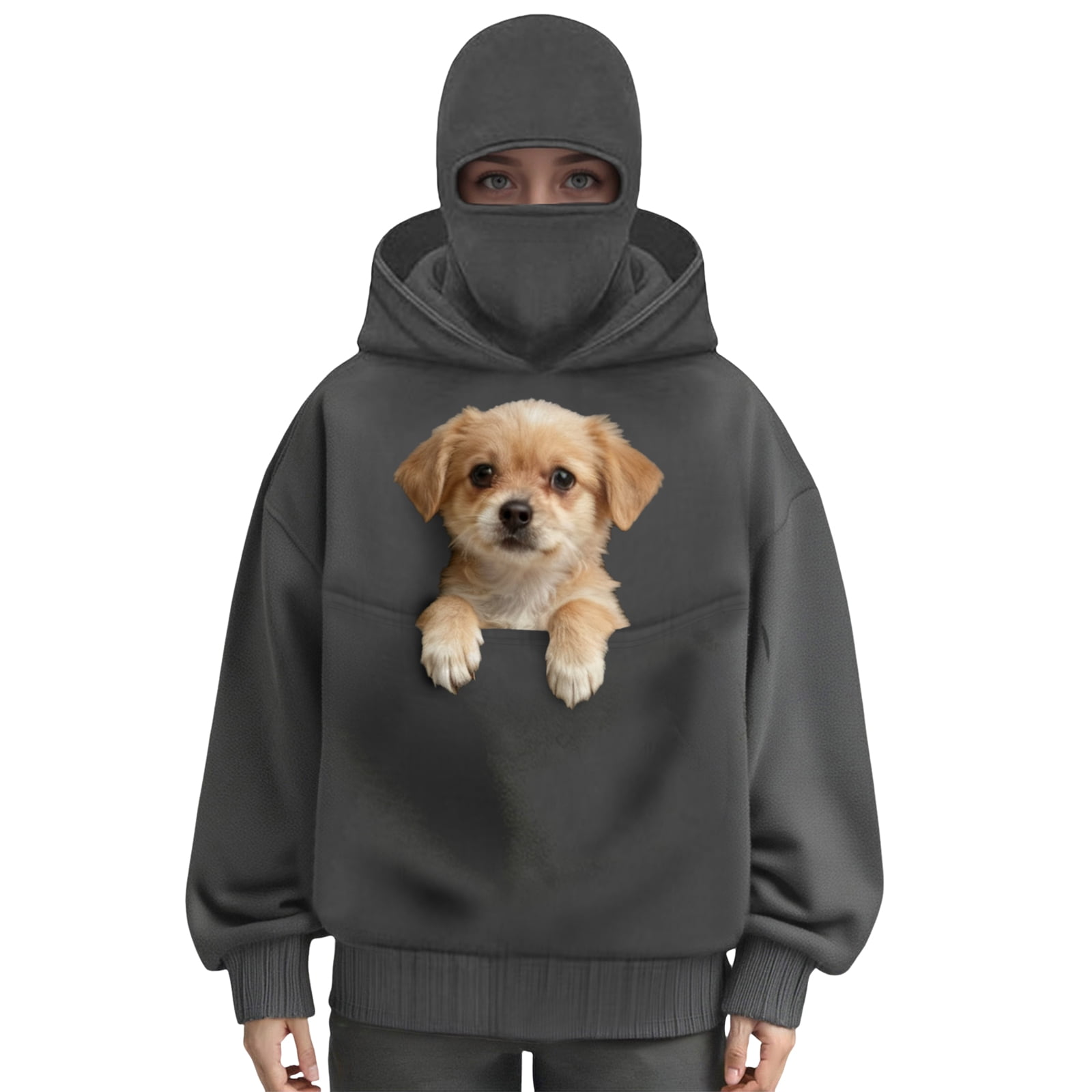 idosla Balaclava Ninja Hoodie with Built In Balaclava Unisex Women Long Sleeved Warm Pet Pocket and Winter Streetwear Sportswear Hoodies (Grey, S)