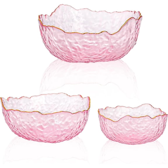 Set of 3 Glass Salad Bowls, Pink Serving Bowls for Kitchen Prep, Decorative Large Candy Bowl, Irregular Shape Space Saving Nesting Set for Salad, Fruit, Snack, Dessert