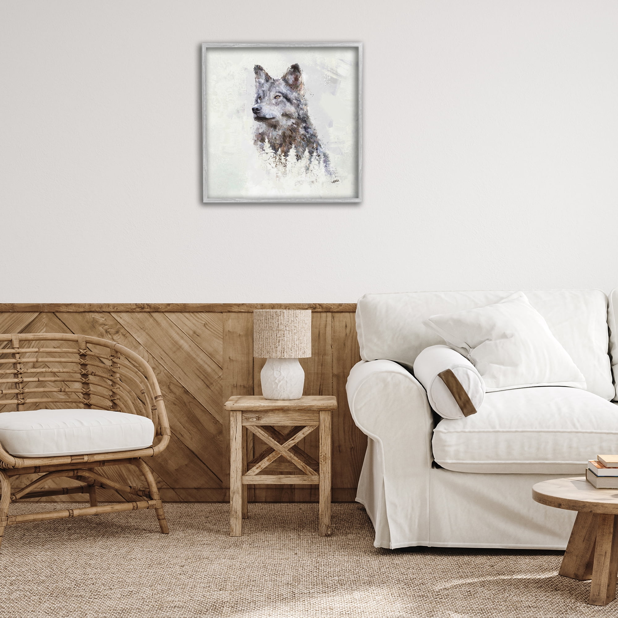 Stupell Industries Rustic Wolf & Trees Animals & Insects Painting Gray Framed Art Print Wall Art, 24 x 24