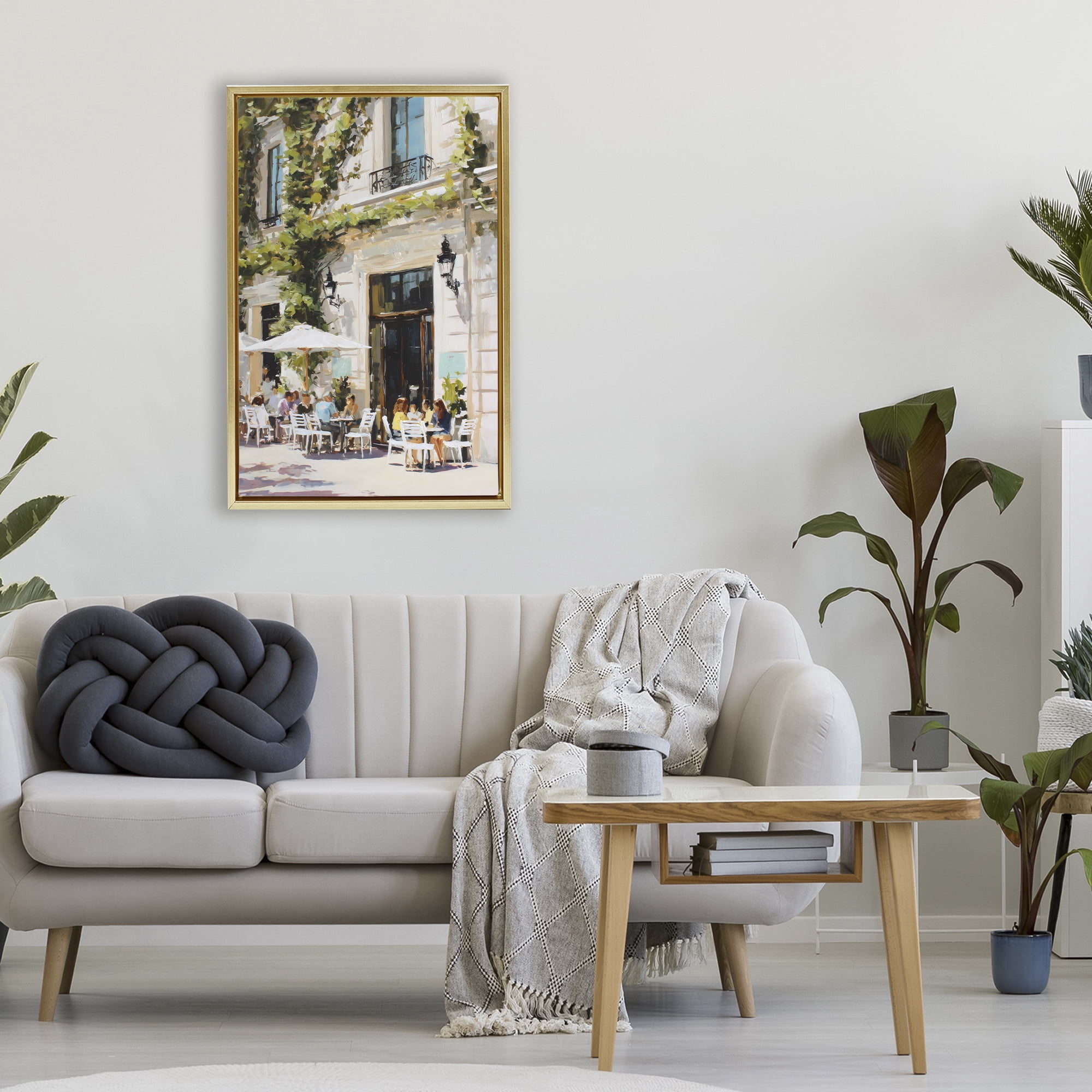 Stupell Industries Streetside Cafe Terrace with Ivy Gold Framed Floater Canvas Wall Art, design by Petal Prints Design