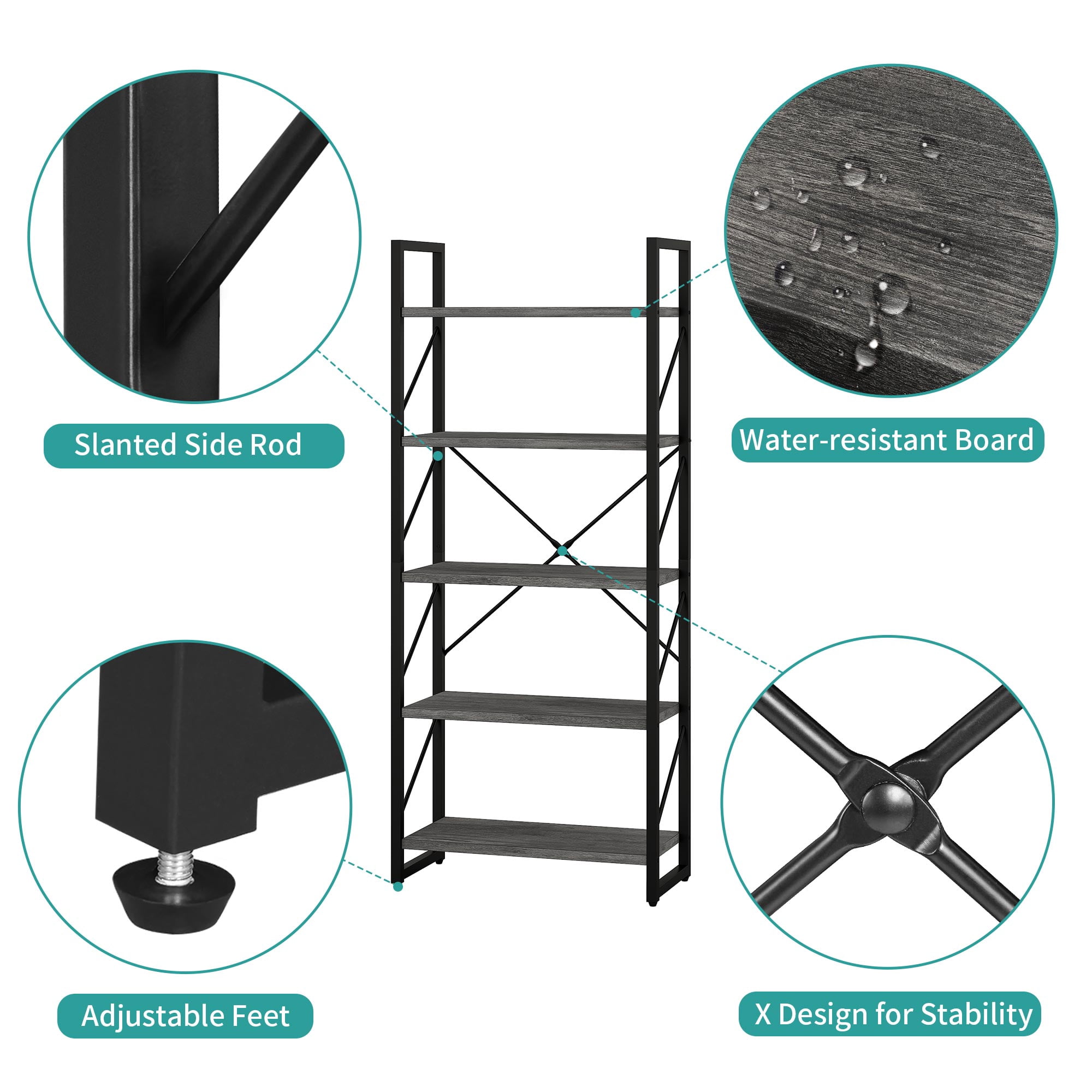 Dextrus 5-Tier Industrial Ladder Freestanding Bookcase with Open Storage Shelves, Gray & Black