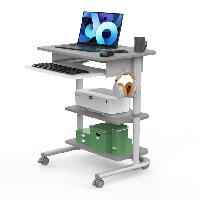 Stand Up Desk Store Poste de Travail Mobile pour Ordinateur Portable à Hauteur Réglable avec Plateau de Clavier Rétractable (Cadre Argenté/gris Foncé, 29†de Large)
