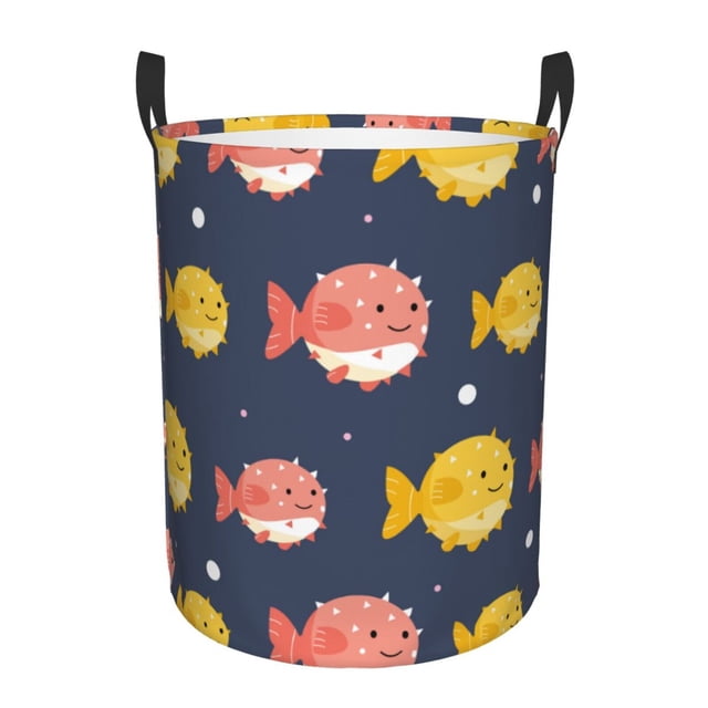 Fotbe Cute Puffer Fish Cesto de Ropa con Asas, Cesto Impermeable de Gran Capacidad, Bolsa de Lavado para Dormitorio, Cesto de Ropa con Ruedas y Asas-Small