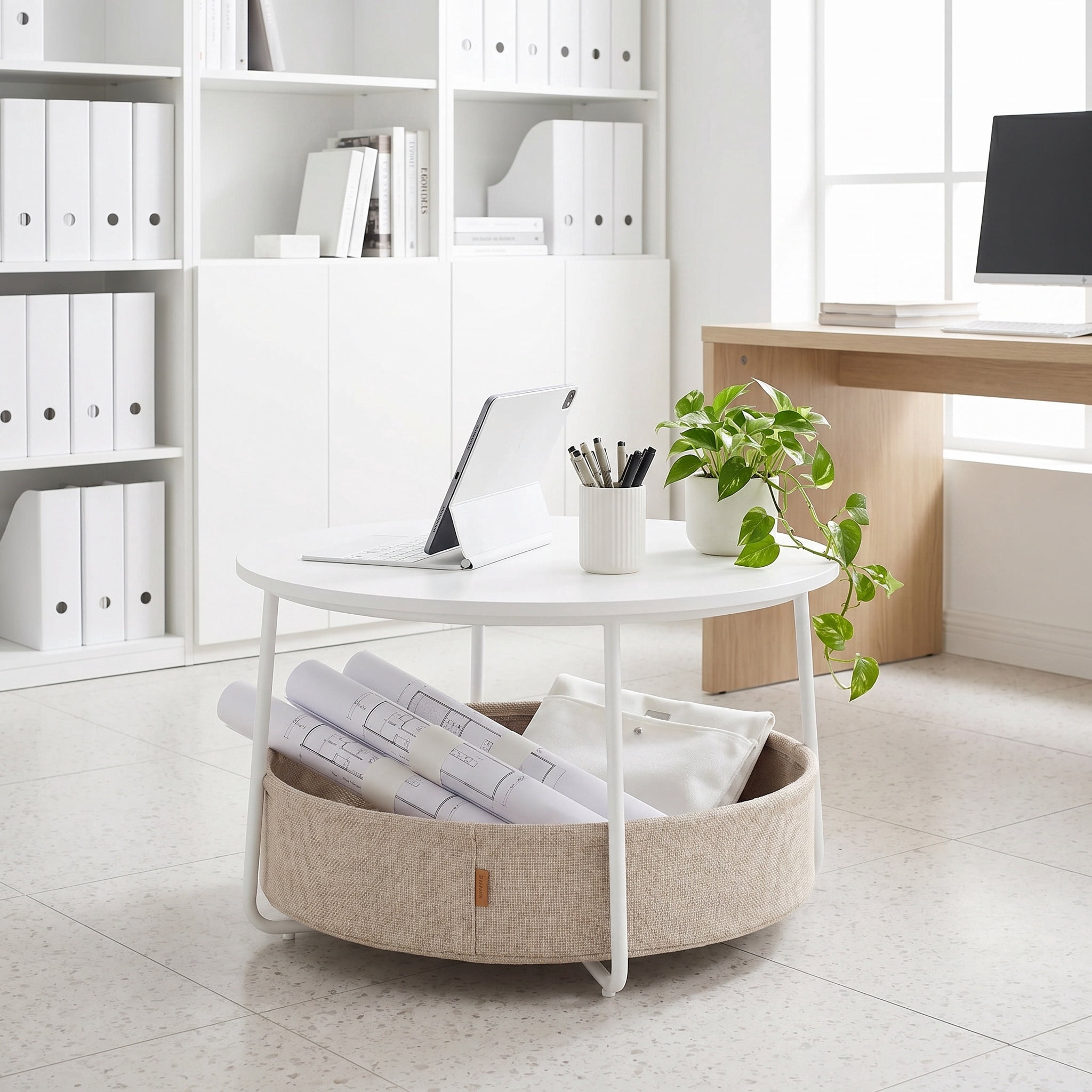 Nordic Hygge Modern Matte White Round Coffee Table with Camel Brown Fabric Storage Basket