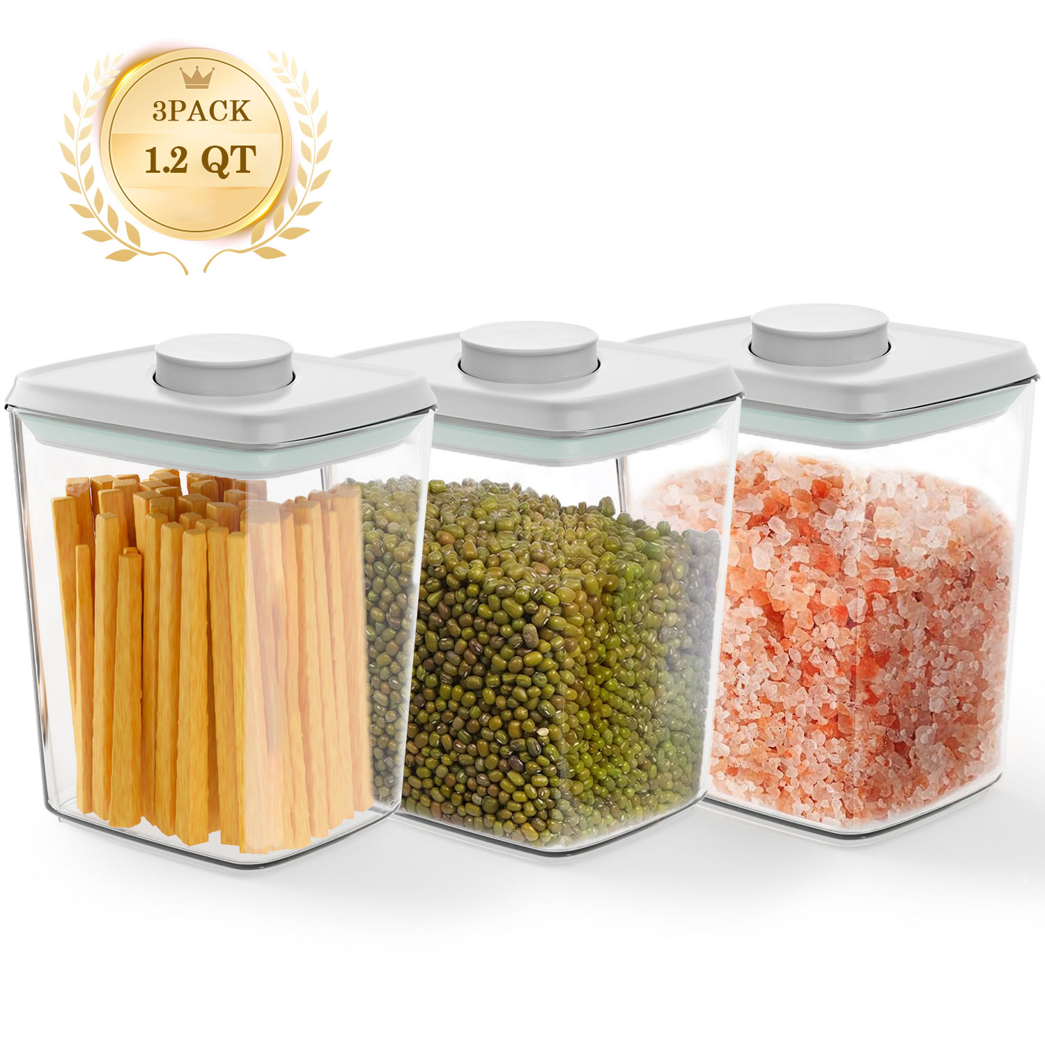 FOUKUS Airtight Pop Up Container: 3 pack 1.2 QT Food Storage Container with Lid, Stackable Kitchen Storage Container for Cereal, Snack, Sugar, Coffee