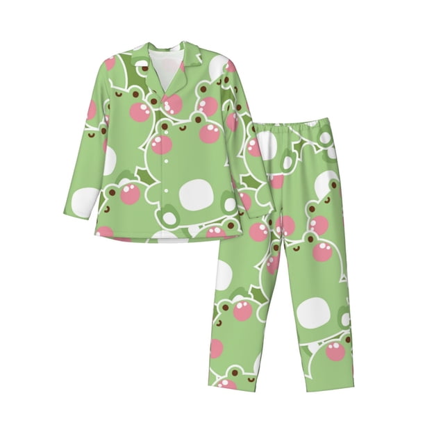 Balery Cute Frog2 Pijama para Hombre de Dos Piezas con Manga Larga, Conjunto de Dormir y Descanso Suave con Bolsillos-Large