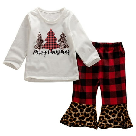 

Toddler Baby Girls Christmas Outfit Set Infant Leopard Bell-Bottomed Pants Red Plaid Halen Pants+Long Sleeve Shirt 2Pcs