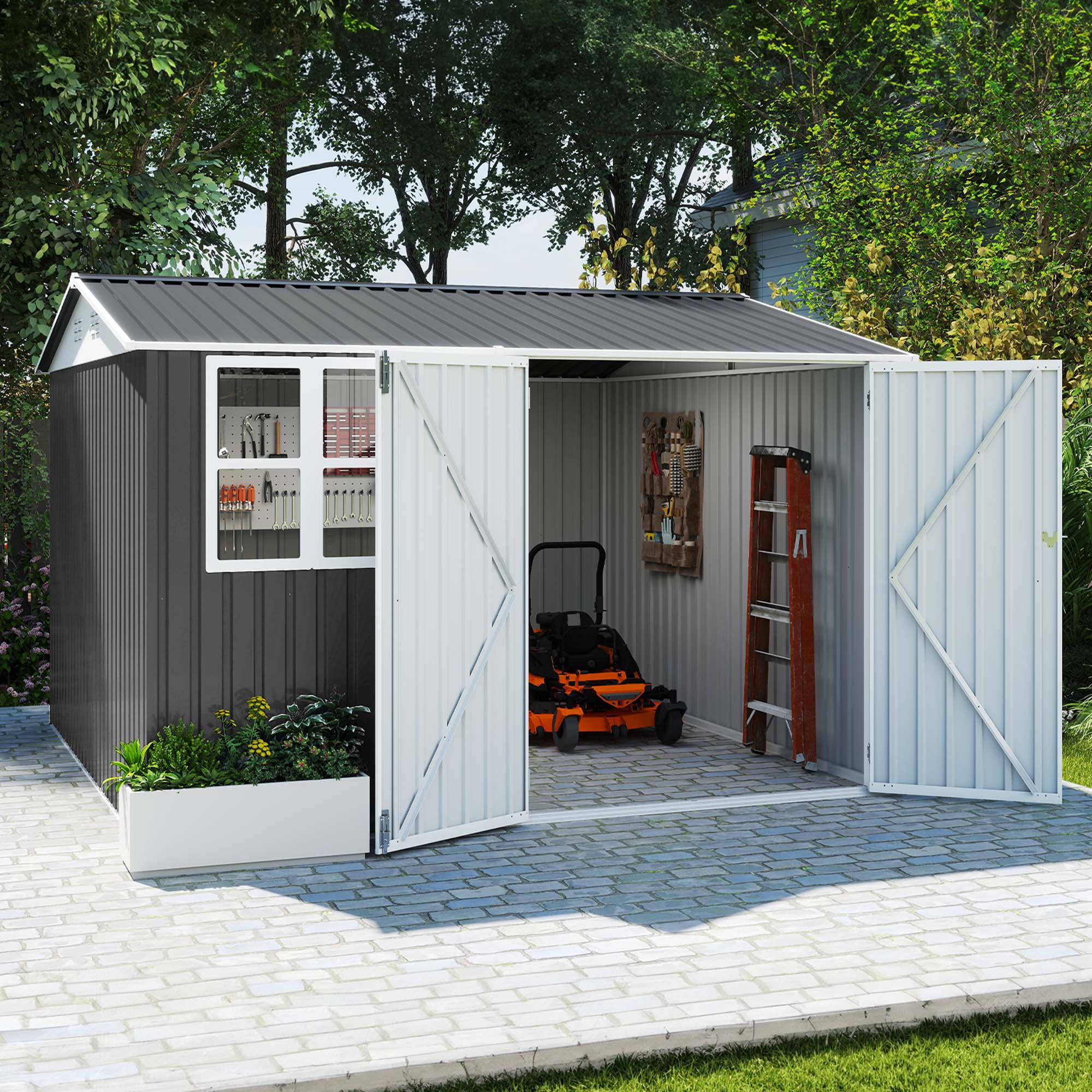 Dextrus 10' x 8' Outdoor Storage Shed, Waterproof Metal Shed with Windows, Lockable Doors Gray/White