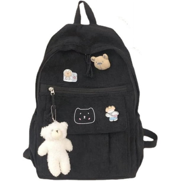 Bolsa de herramientas negra, mochila de pana Kawaii con colgante de oso lindo, bolso Vintage para niña, estudiante, bolso escolar, bolso para ordenador portátil