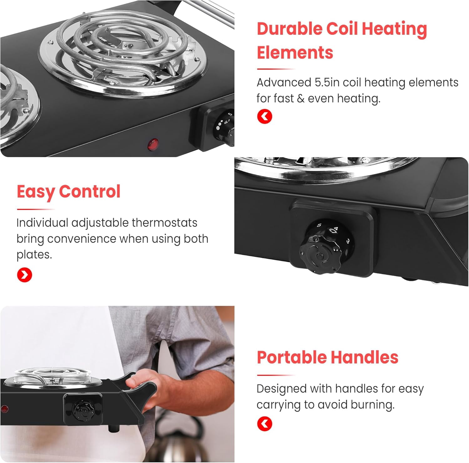 Spalivivre Hot Plate, 2000W Portable Electric Double Burner W/5 Level Temperature Control & Stay Cool Handles, Easy to Clean, Lightweight Cast Iron Electric Stove for Kitchen Camping Cooking, 110V