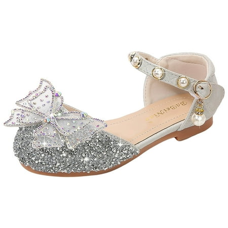 Gvdentm Toddler Girls Dress Shoes Open Front Bow Sequins Sandals for Girls Kids Princess Wedding Formal Ankle High Heel Shoes Toddler Girl White Dress Shoes (11 Silver)