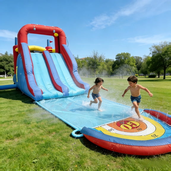 Sunnyfree Inflatable Water Slide Bounce House for Kids 3 , 65.3" × 370" × 91.3", 3 Water Slide with Sprinkler and 2 Slip Inflatable Boards