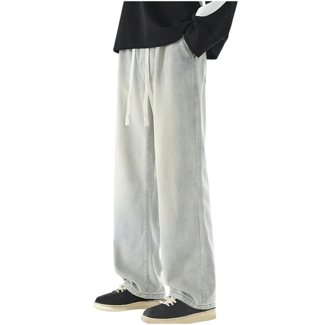 Dagugfen Mens Denim Pants Drawstring Straight Leg Loose Solid Color Classic Fashion Casual Jean Pants