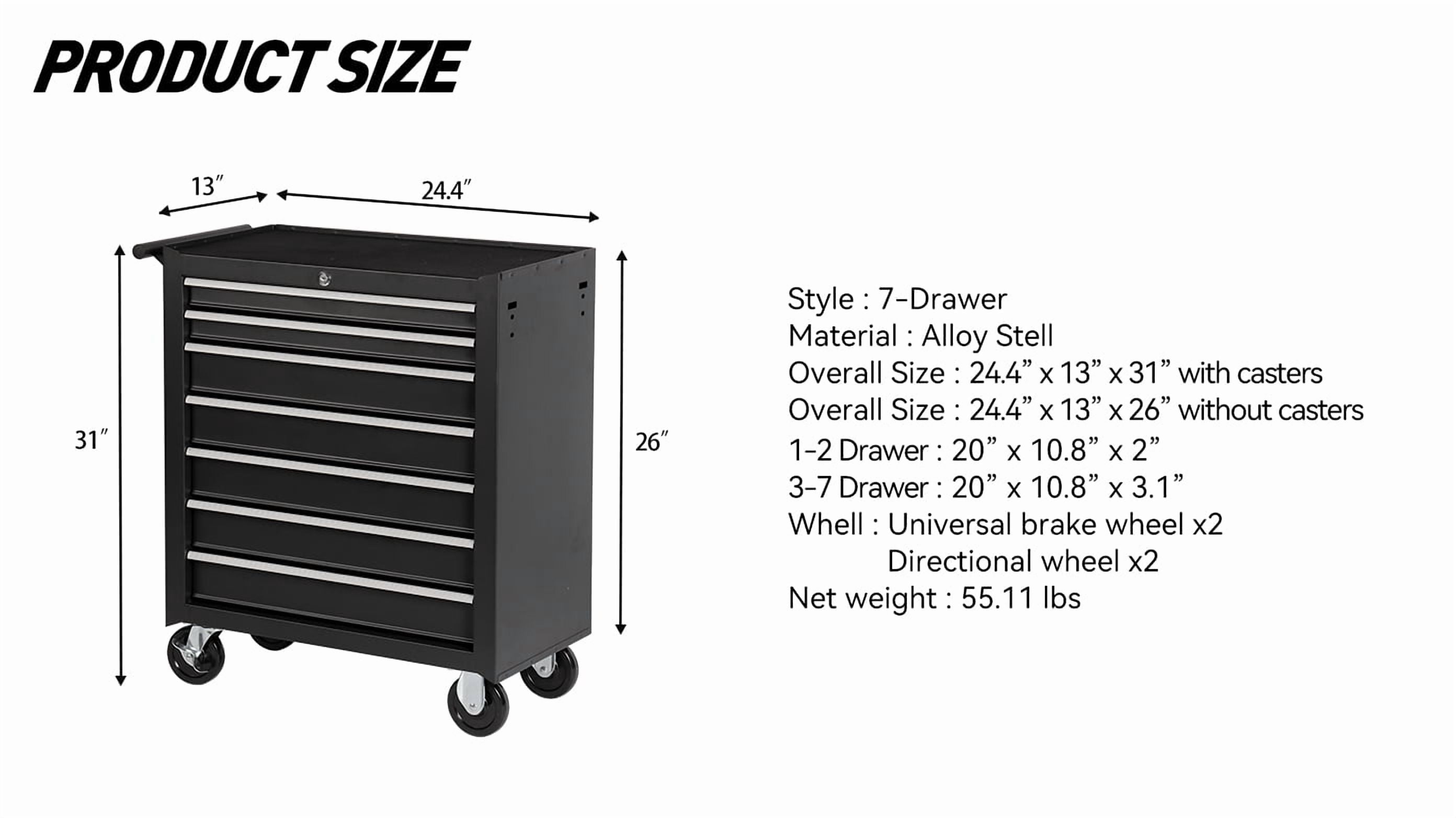 Rolling Tool Chest with 7-Drawer Tool Box with Wheels Multifunctional Tool Cart Storage Cabinet for Garage Black