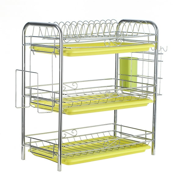 Zootealy 3-Tier Rustproof Dish Drying Rack Carbon Steel Dish Rack Multifunctional Organizer Dish Drainer with Drainboard Hooks Utensil Holder