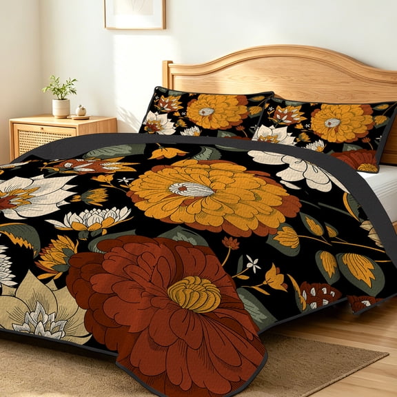 FIVERAM Quilts for King Bed,3 Pieces Retro Dark Background Floral Bedspread King Size,Soft Microfiber Coverlet Bedding Set for Bohemian Bedroom Decor