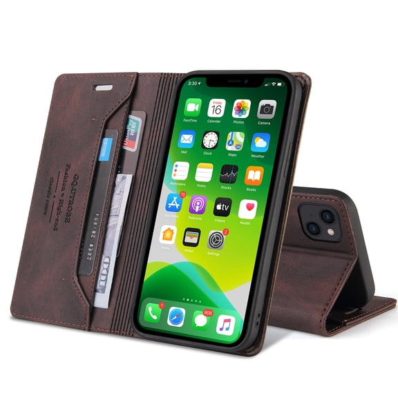 Wallet Case For Apple iPhone 13 inch,Luxury Leather RFID Blocking Cash Credit Card Slots Holder Magnetic Flip Kickstand Phone Case Cover For iPhone 13,Brown