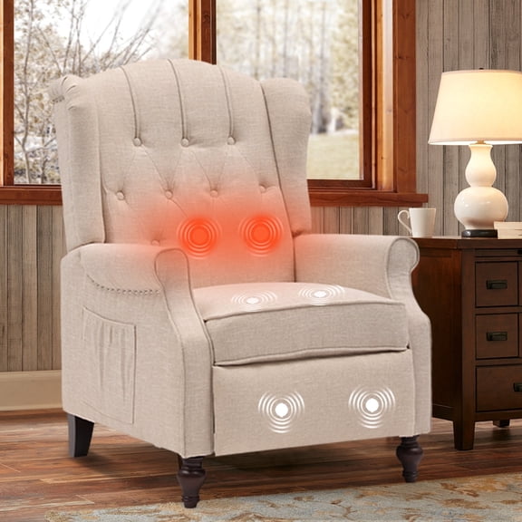 IPKIG Massage Recliner Chair, Single Sofa with 6-Point Vibration, Heat Function, Wingback Design, Side Pockets, and Adjustable Positions (Beige)