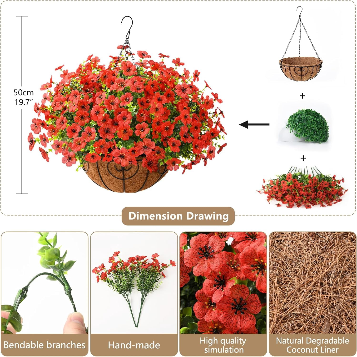 Artificial Faux Hanging Plants Flowers Basket Outdoor Porch Garden Summer Decoration, Fake Silk Daisy in Planter Realistic UV Resistant for Outside Home Patio Balcony Yard(Red)