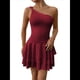 thumbnail image 3 of Vestido Mini de Corte A Sin Mangas con Volantes Escalonados, Fruncido y un Hombro para Mujer Vino Tinto S, 3 of 8